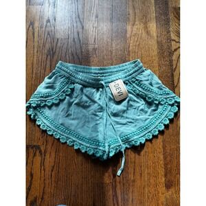 Devi Teal Lace Trimmed Boho Floral Crochet Shorts One Size Fits Most
